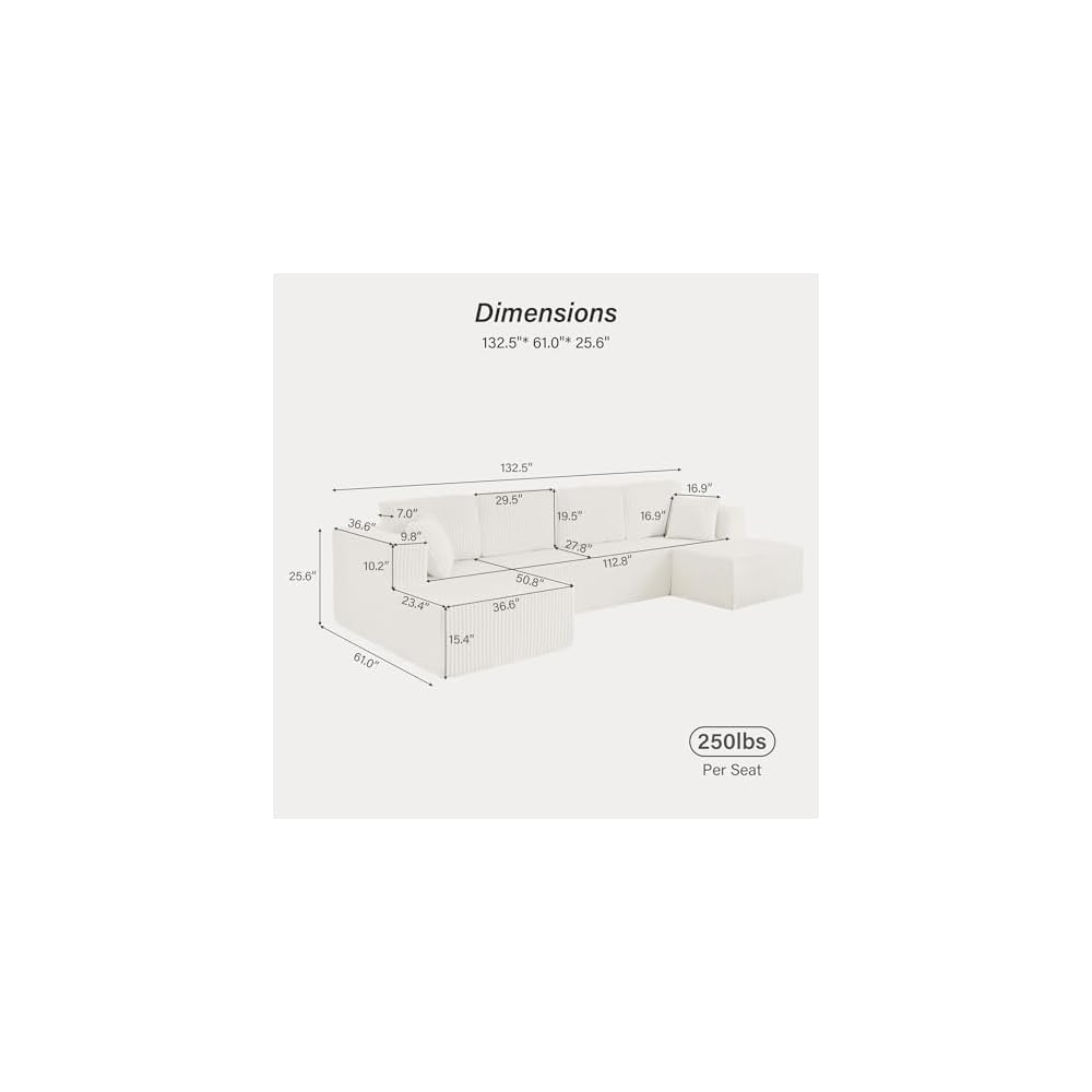 132" U Shape Modular Sectional Sofa, Oversized Plush Corduroy Couch with Extra Wide Seating, Modern Minimalist Compressed Couch, Sleeper Sofa for Living Room, Bedroom, Cream Beige