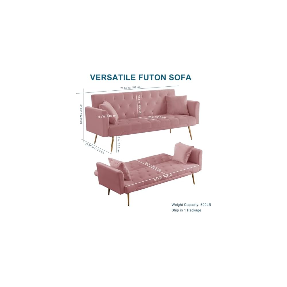 71.65'' Convertible Sofa Bed Modern Futon Set, Velvet Foldable Reclining Loveseat, Three Adjustment Angles,Mid Century Modern Couches for Living Room/Bedroom/Apartment, Easy Assembly,Pink