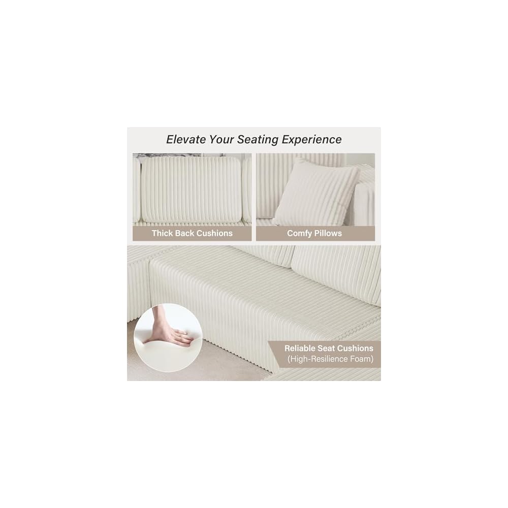 132" U Shape Modular Sectional Sofa, Oversized Plush Corduroy Couch with Extra Wide Seating, Modern Minimalist Compressed Couch, Sleeper Sofa for Living Room, Bedroom, Cream Beige