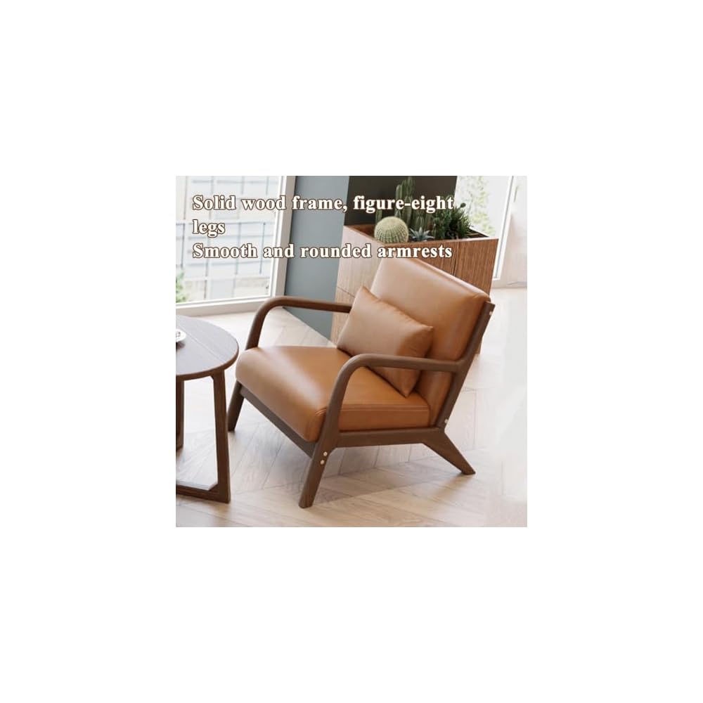 Single Solid Wood Sofa Accent Arm Chair with Lumber Pillows,Modern Retro Leisure Chair for Living Room Office,Upholstered Armchair for Bedroom Reading(Curry)