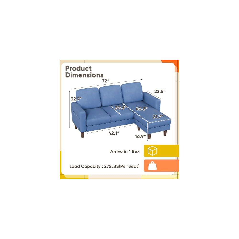 YESHOMY Couches for Living Room, Sofa with Movable Ottoman, Small Couch with Reversible Chaise and Side Pockets, L Shaped Couch for Small Space, Apartment (Linen Fabric, Blue)