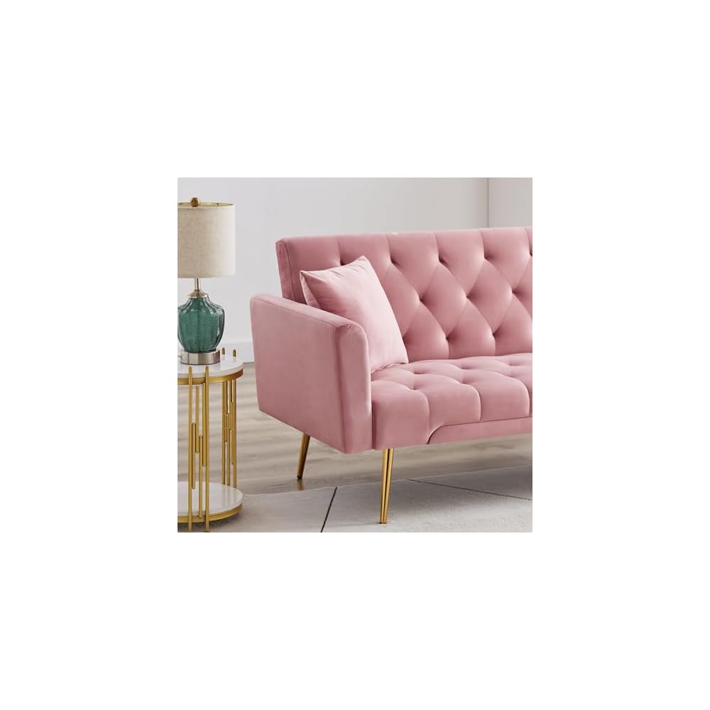 71.65'' Convertible Sofa Bed Modern Futon Set, Velvet Foldable Reclining Loveseat, Three Adjustment Angles,Mid Century Modern Couches for Living Room/Bedroom/Apartment, Easy Assembly,Pink