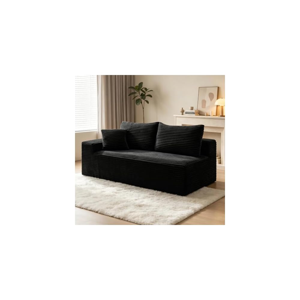 69" Black Left Facing Loveseat Sofa with a Throw Pillows and 2 Large Backrest Pillows,Upholstered Corduroy Sofa,Modern Boneless Couch for Living Room