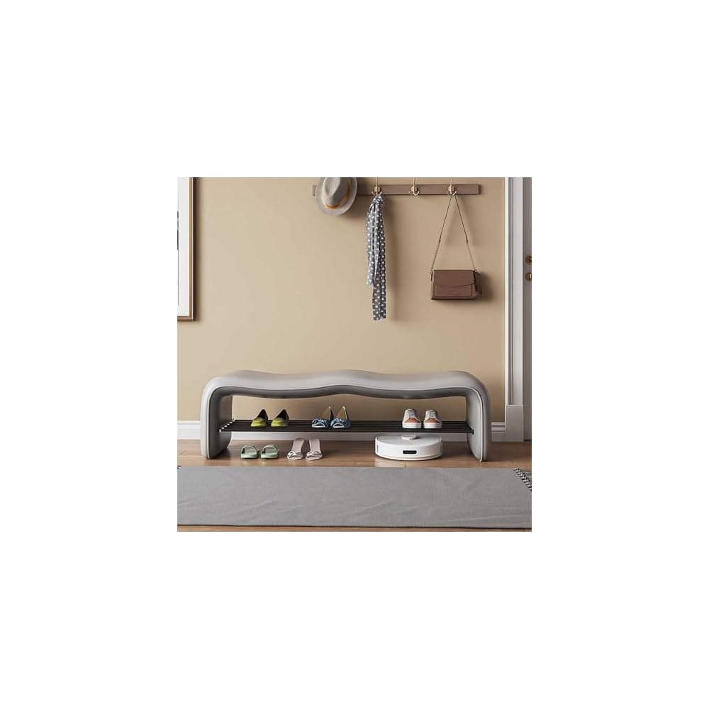 Curved Upholstered Entryway Bench,Faux Leather Padded Shoe Rack Hallway