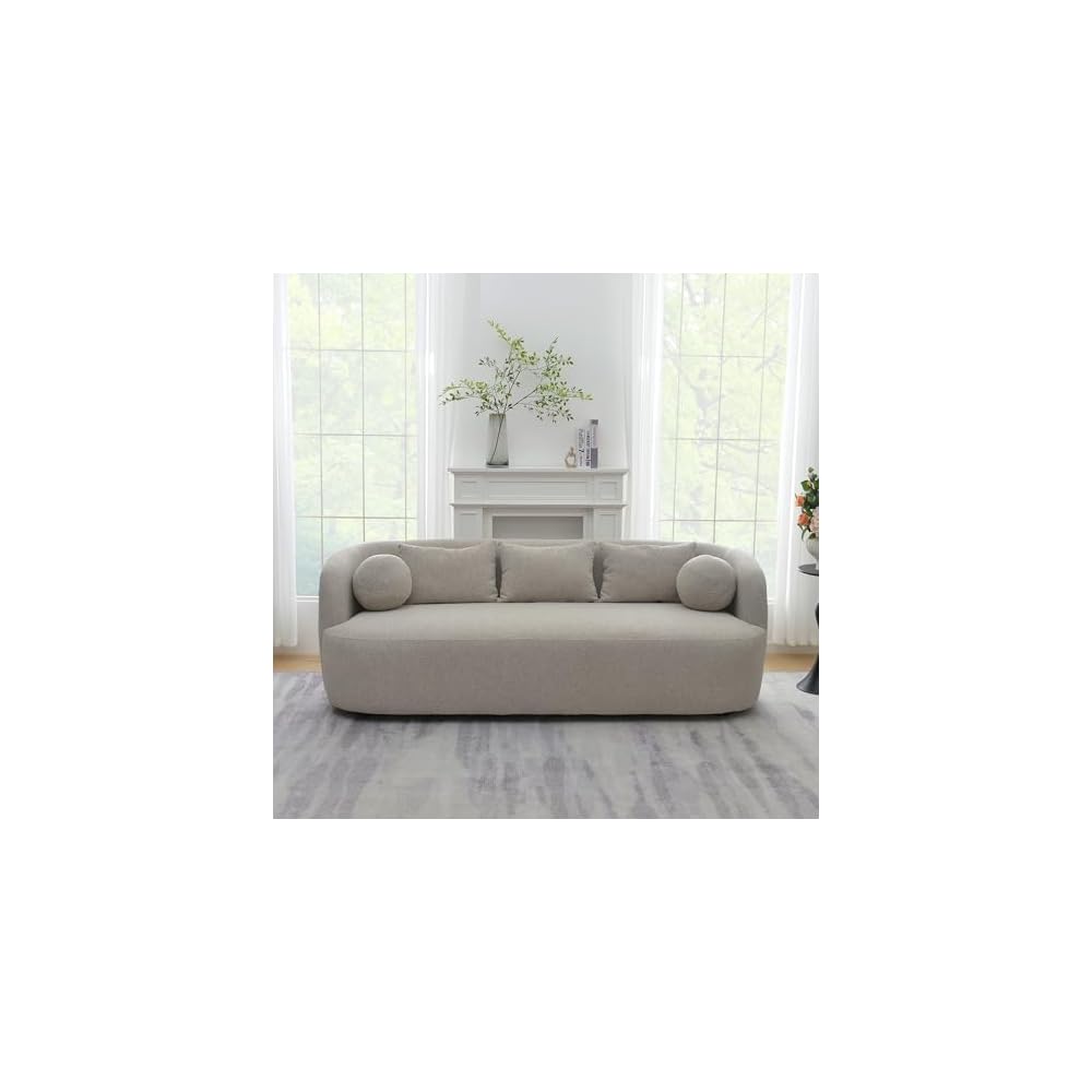 KINWELL 85" Boucle Upholstered Sofa Couch with 5 Toss Pillows, Taupe