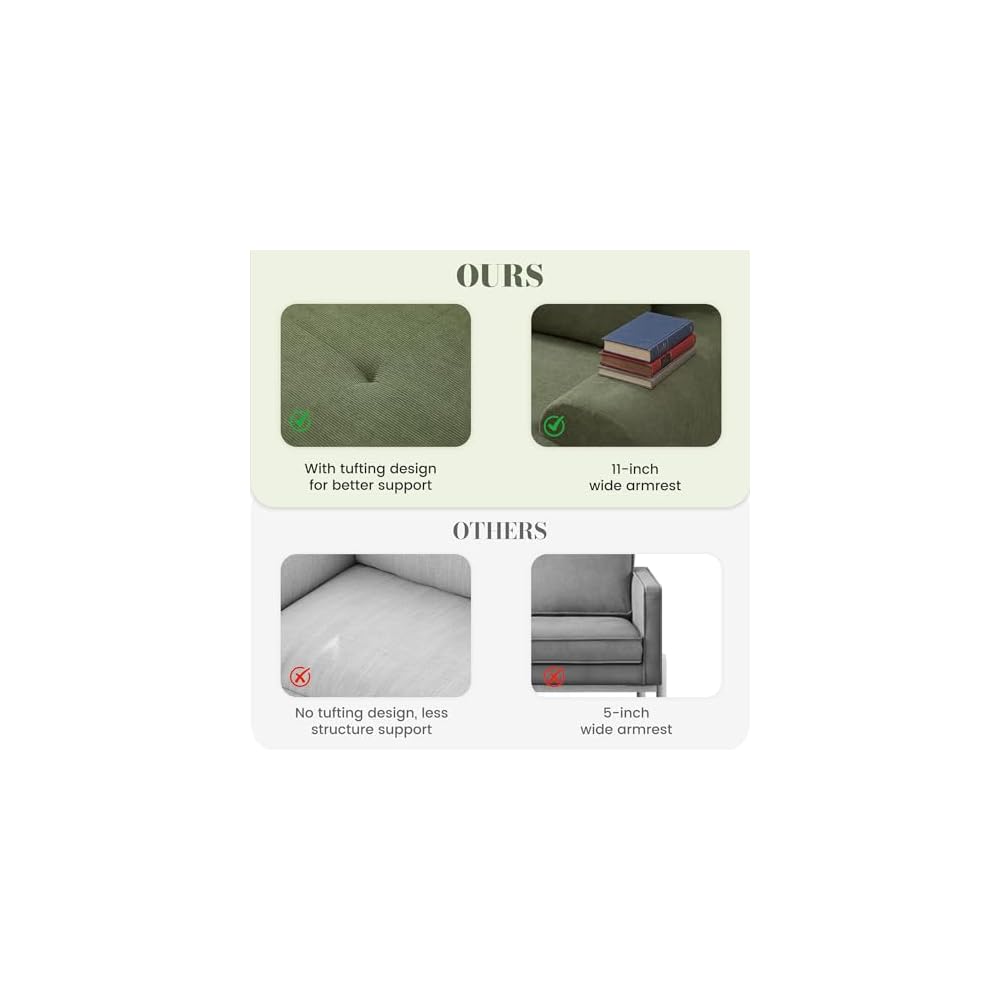 GRUSIGN 108'' Modular Sectional Boneless Couch, Tufted Cloud Sectional Couches for Living Room, L Shape Deep Seat Sofa with Ottoman & 3 Throw Pillows,Corduroy Oversized Couch,Green