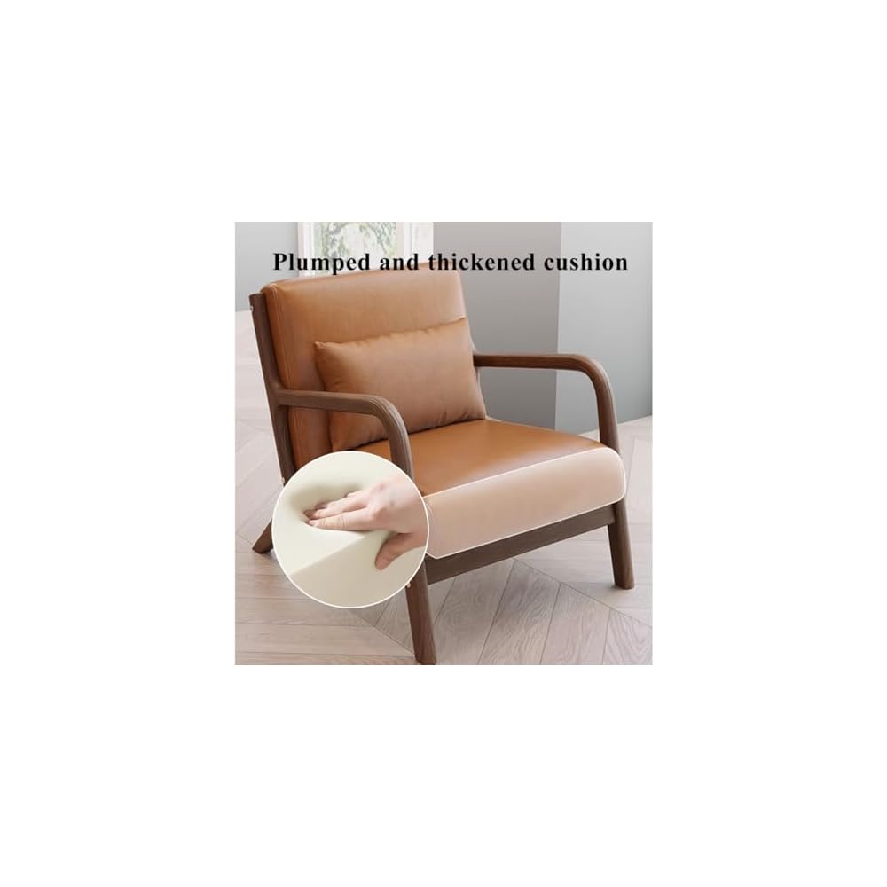 Single Solid Wood Sofa Accent Arm Chair with Lumber Pillows,Modern Retro Leisure Chair for Living Room Office,Upholstered Armchair for Bedroom Reading(Curry)