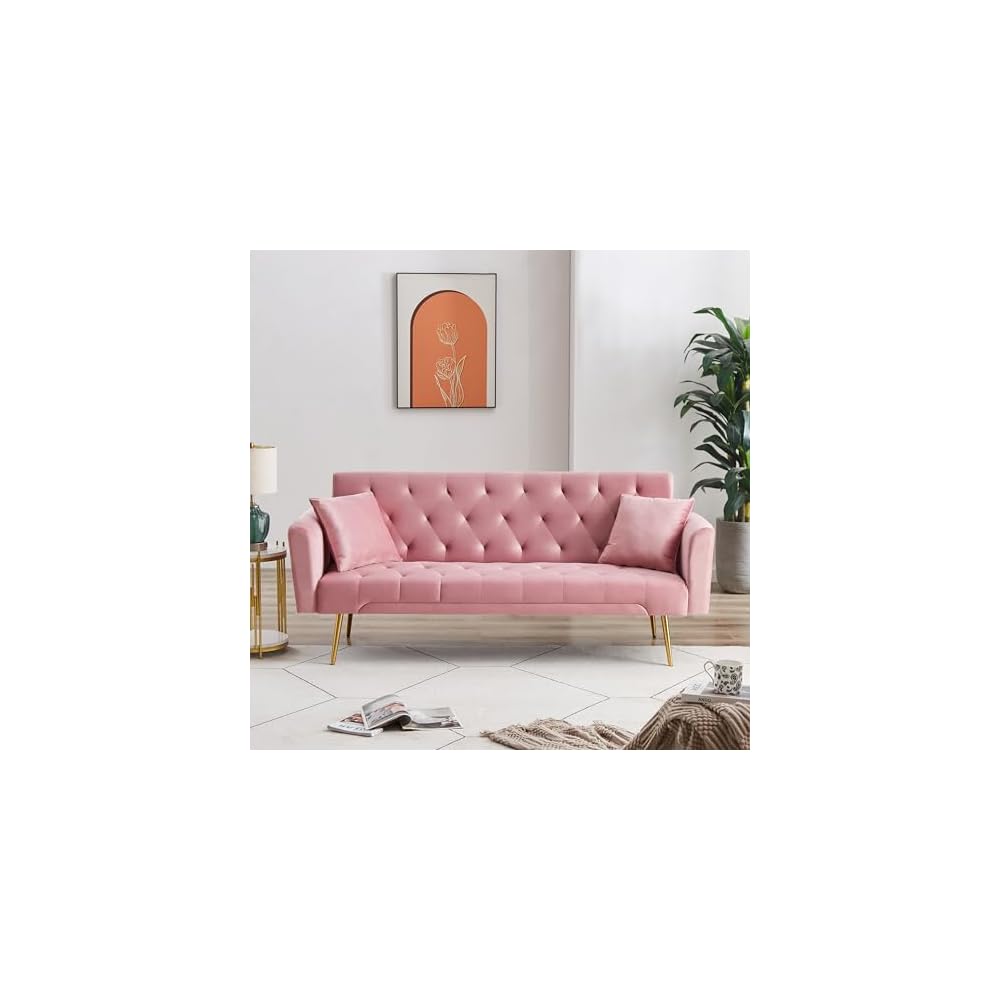 71.65'' Convertible Sofa Bed Modern Futon Set, Velvet Foldable Reclining Loveseat, Three Adjustment Angles,Mid Century Modern Couches for Living Room/Bedroom/Apartment, Easy Assembly,Pink