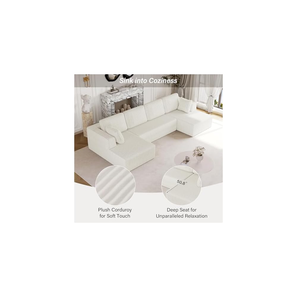 132" U Shape Modular Sectional Sofa, Oversized Plush Corduroy Couch with Extra Wide Seating, Modern Minimalist Compressed Couch, Sleeper Sofa for Living Room, Bedroom, Cream Beige