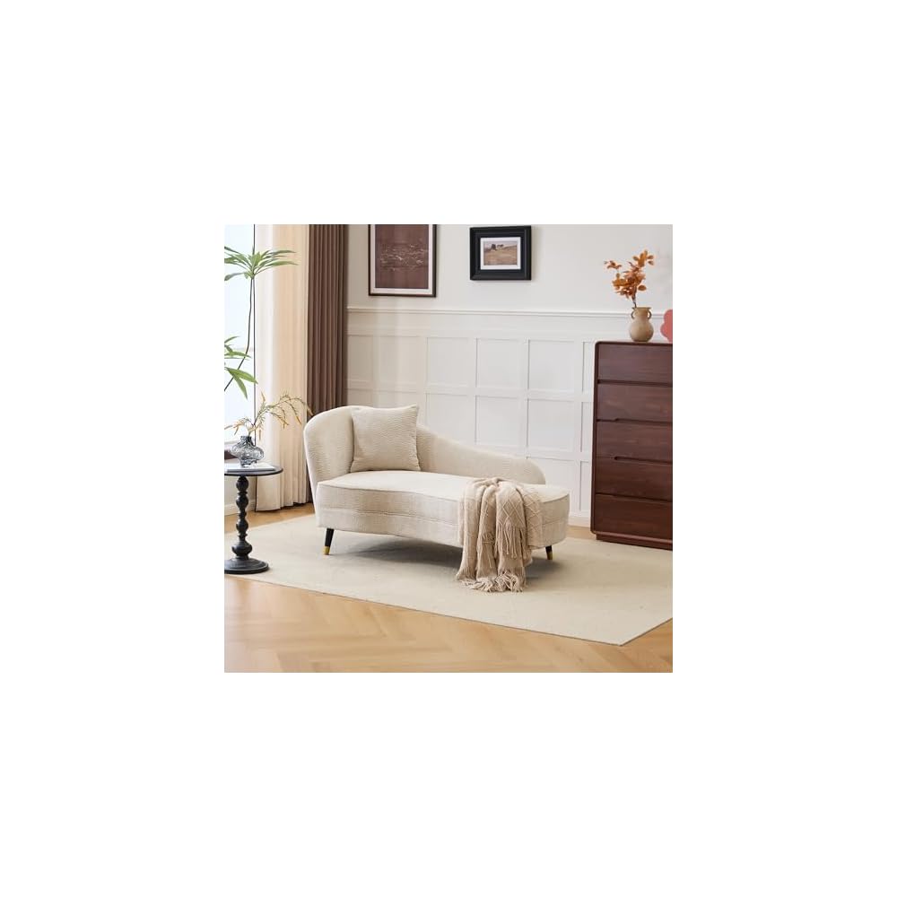 Christopher Knight Home Harlow Velvet Upholstered Chaise Lounge Chair Indoor, Wooden Chaise Lounge Sofa with Accent Pillow, Living Room Lounge Chair with Left Armrest, Beige