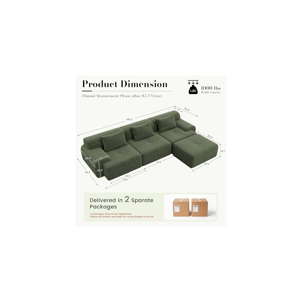 GRUSIGN 108'' Modular Sectional Boneless Couch, Tufted Cloud Sectional Couches for Living Room, L Shape Deep Seat Sofa with Ottoman & 3 Throw Pillows,Corduroy Oversized Couch,Green