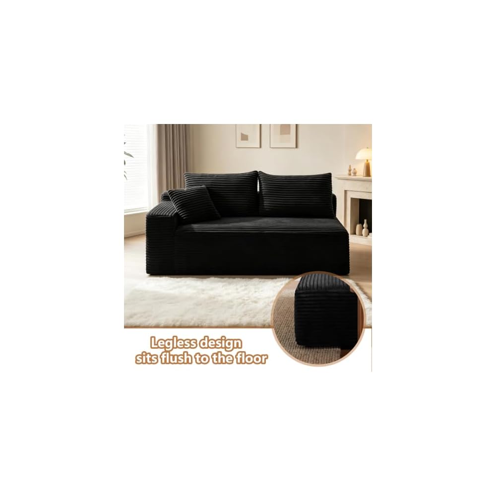 69" Black Left Facing Loveseat Sofa with a Throw Pillows and 2 Large Backrest Pillows,Upholstered Corduroy Sofa,Modern Boneless Couch for Living Room