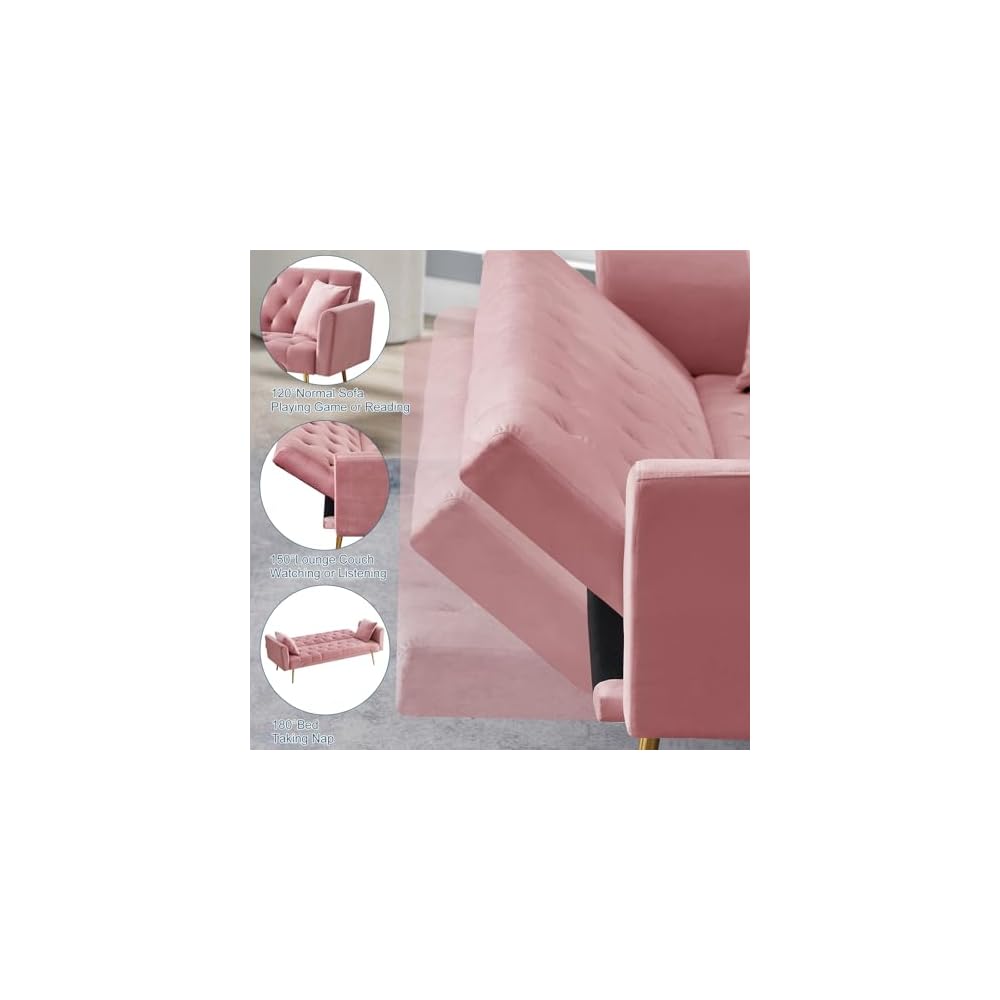 71.65'' Convertible Sofa Bed Modern Futon Set, Velvet Foldable Reclining Loveseat, Three Adjustment Angles,Mid Century Modern Couches for Living Room/Bedroom/Apartment, Easy Assembly,Pink