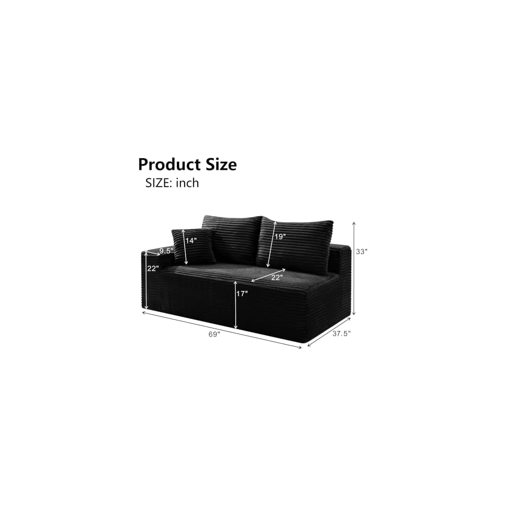 69" Black Left Facing Loveseat Sofa with a Throw Pillows and 2 Large Backrest Pillows,Upholstered Corduroy Sofa,Modern Boneless Couch for Living Room