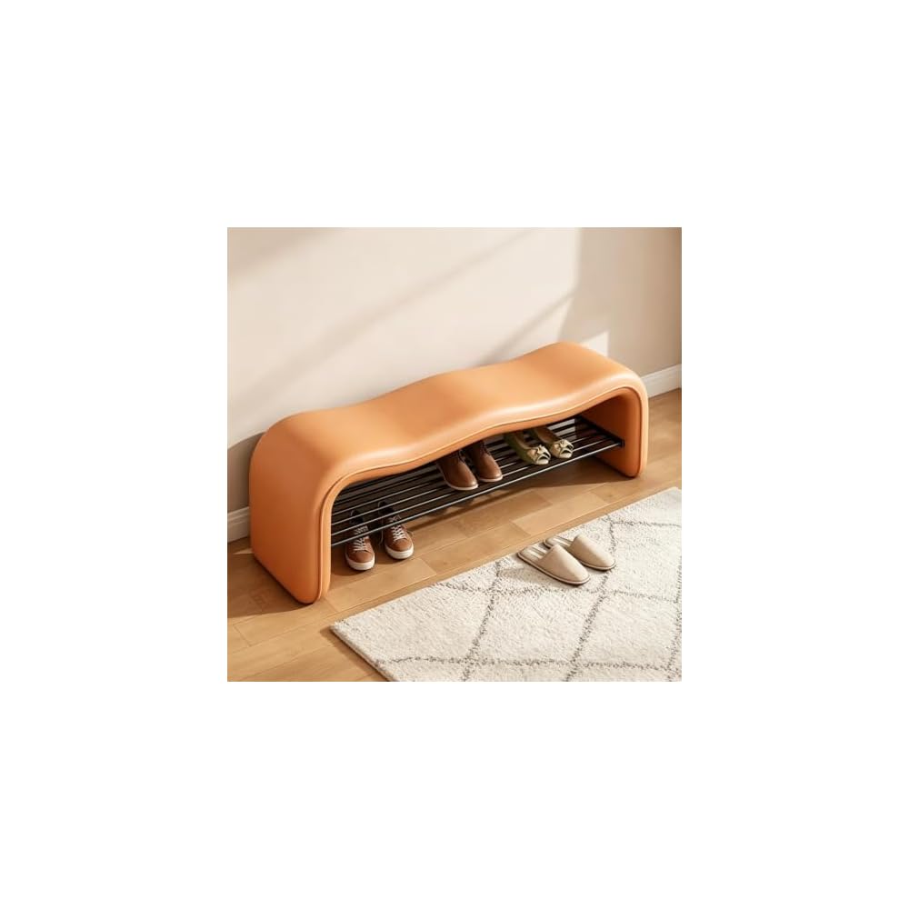 Curved Upholstered Entryway Bench,Faux Leather Padded Shoe Rack Hallway