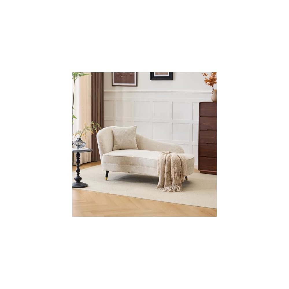 Christopher Knight Home Harlow Velvet Upholstered Chaise Lounge Chair Indoor, Wooden Chaise Lounge Sofa with Accent Pillow, Living Room Lounge Chair with Left Armrest, Beige