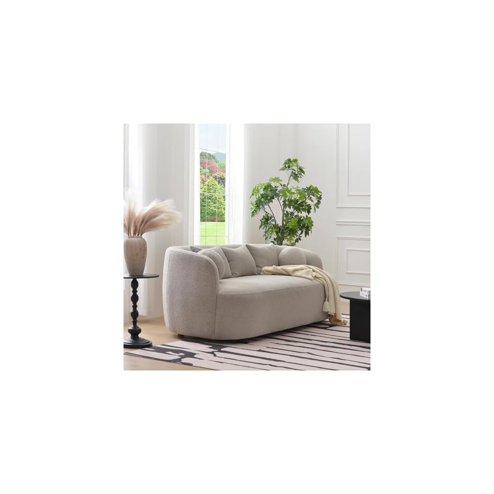 KINWELL 85" Boucle Upholstered Sofa Couch with 5 Toss Pillows, Taupe