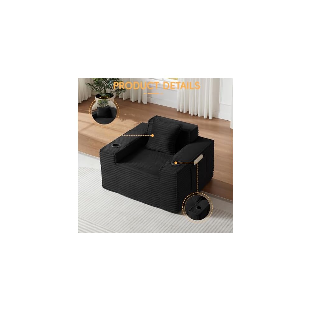 43" Boneless Single Seat Sofa with Cup Holder & Side Pocket, Black