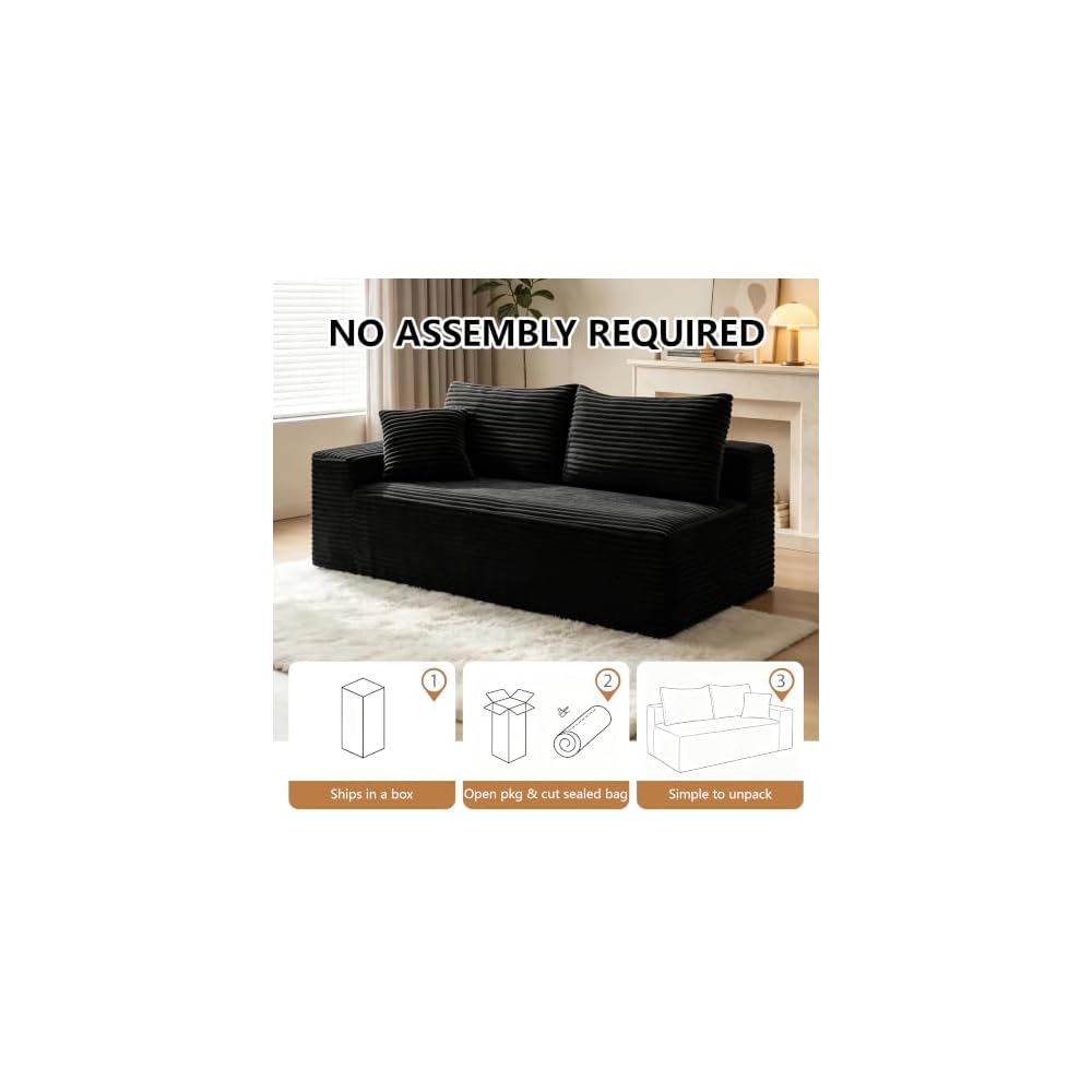 69" Black Left Facing Loveseat Sofa with a Throw Pillows and 2 Large Backrest Pillows,Upholstered Corduroy Sofa,Modern Boneless Couch for Living Room