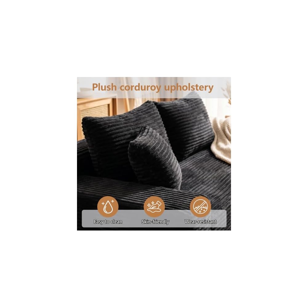 69" Black Left Facing Loveseat Sofa with a Throw Pillows and 2 Large Backrest Pillows,Upholstered Corduroy Sofa,Modern Boneless Couch for Living Room