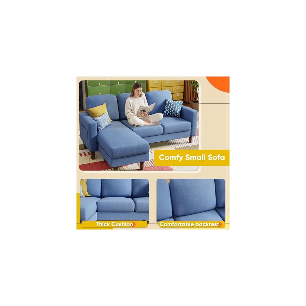 YESHOMY Couches for Living Room, Sofa with Movable Ottoman, Small Couch with Reversible Chaise and Side Pockets, L Shaped Couch for Small Space, Apartment (Linen Fabric, Blue)