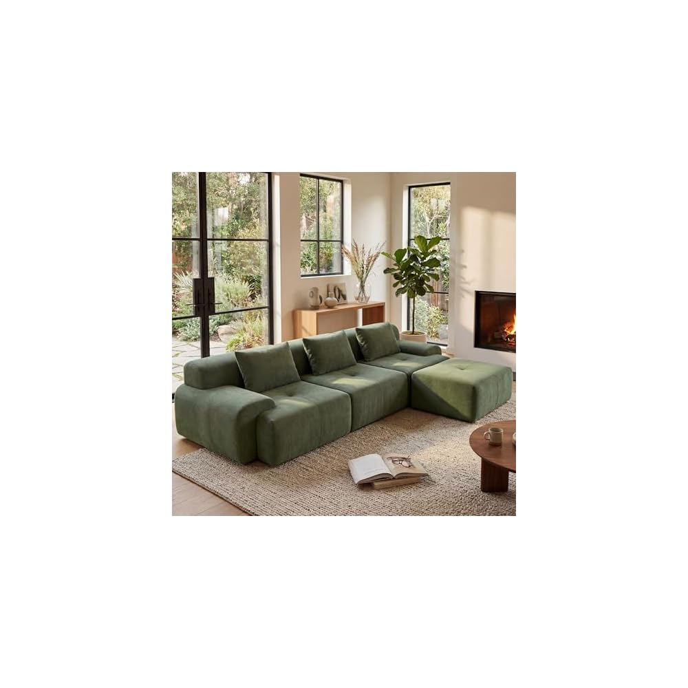 GRUSIGN 108'' Modular Sectional Boneless Couch, Tufted Cloud Sectional Couches for Living Room, L Shape Deep Seat Sofa with Ottoman & 3 Throw Pillows,Corduroy Oversized Couch,Green