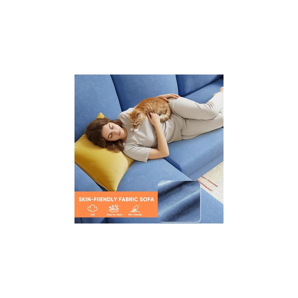 YESHOMY Couches for Living Room, Sofa with Movable Ottoman, Small Couch with Reversible Chaise and Side Pockets, L Shaped Couch for Small Space, Apartment (Linen Fabric, Blue)