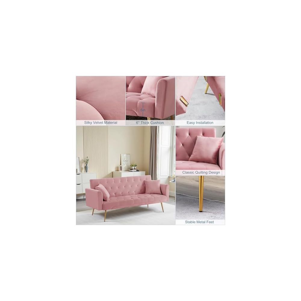 71.65'' Convertible Sofa Bed Modern Futon Set, Velvet Foldable Reclining Loveseat, Three Adjustment Angles,Mid Century Modern Couches for Living Room/Bedroom/Apartment, Easy Assembly,Pink