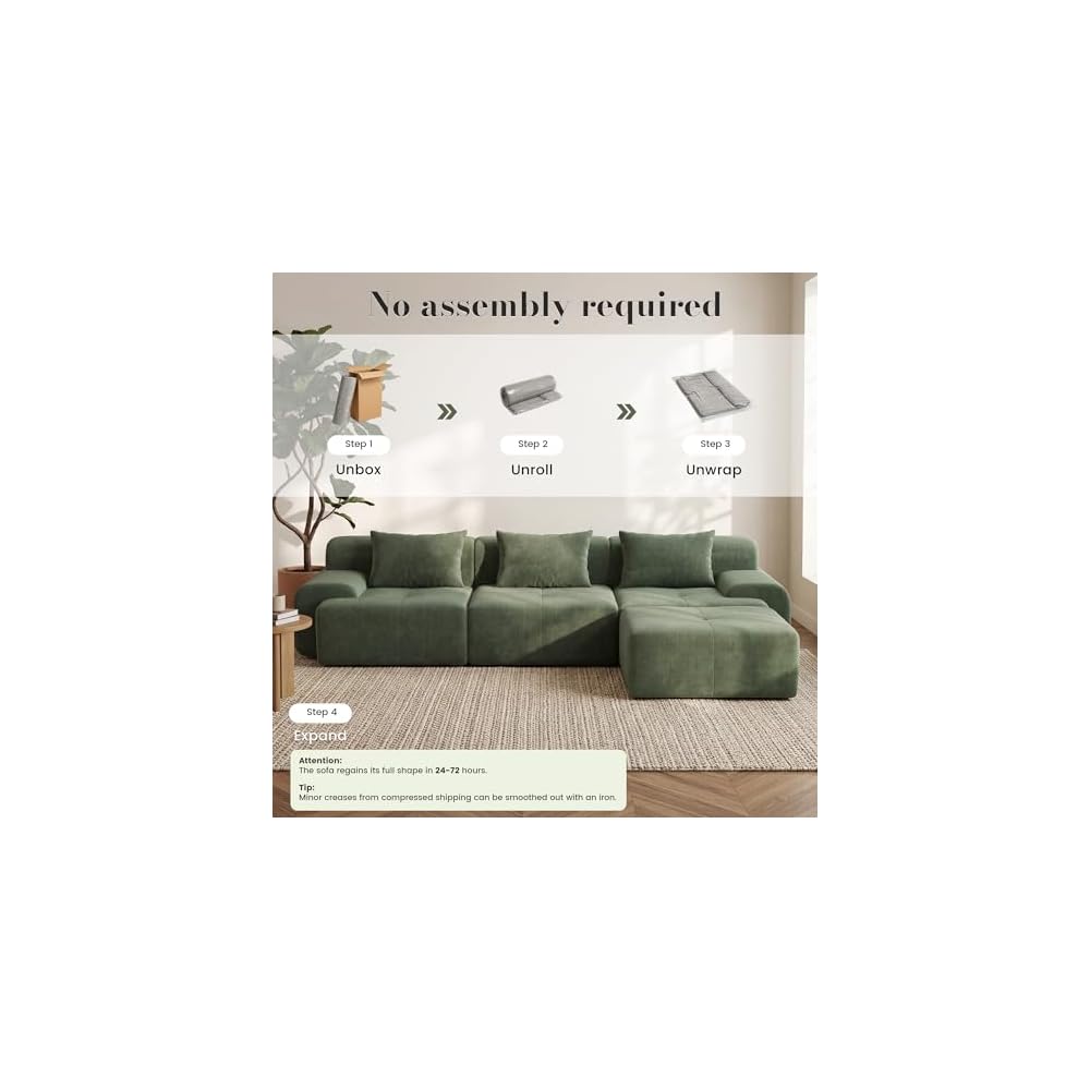 GRUSIGN 108'' Modular Sectional Boneless Couch, Tufted Cloud Sectional Couches for Living Room, L Shape Deep Seat Sofa with Ottoman & 3 Throw Pillows,Corduroy Oversized Couch,Green