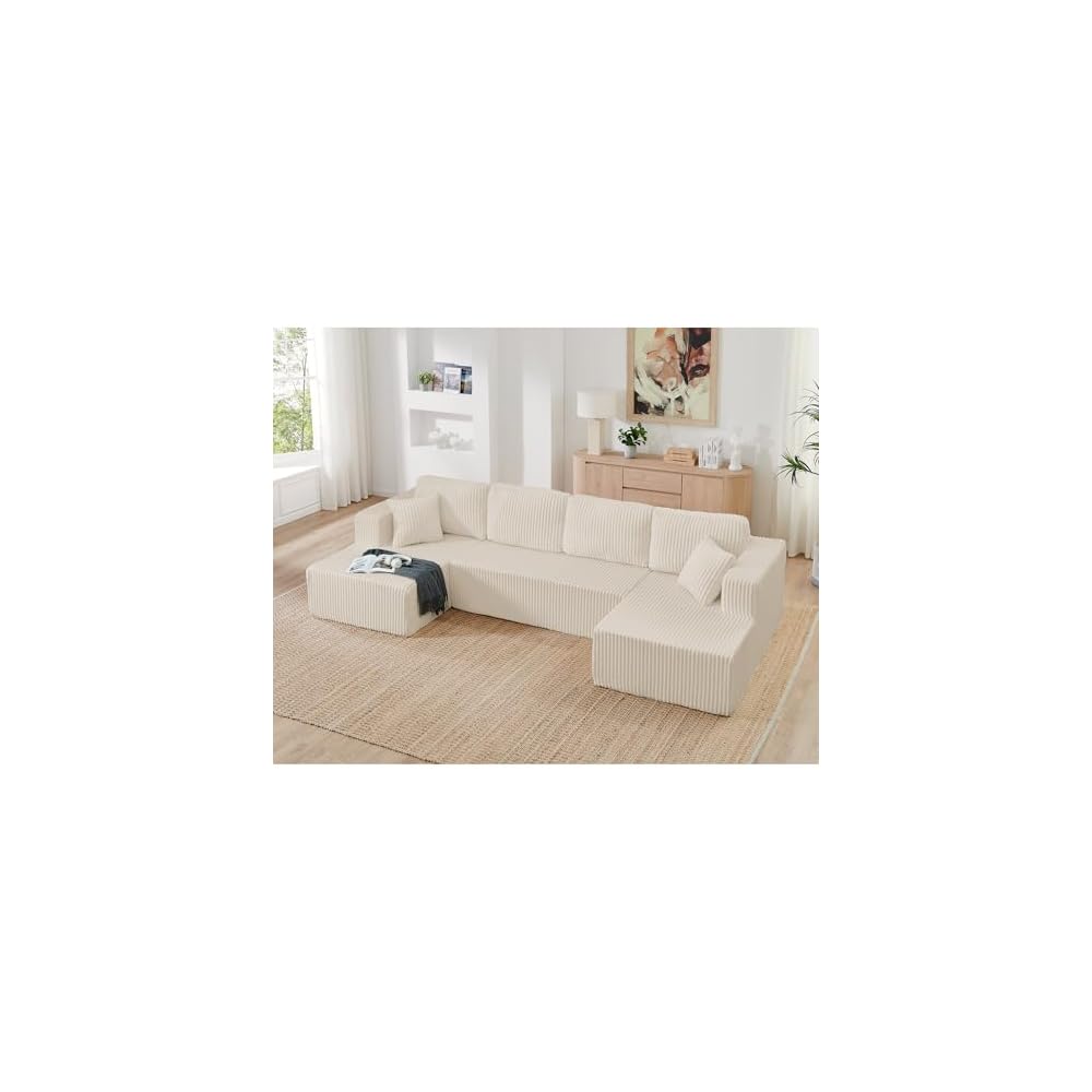 132" U Shape Modular Sectional Sofa, Oversized Plush Corduroy Couch with Extra Wide Seating, Modern Minimalist Compressed Couch, Sleeper Sofa for Living Room, Bedroom, Cream Beige