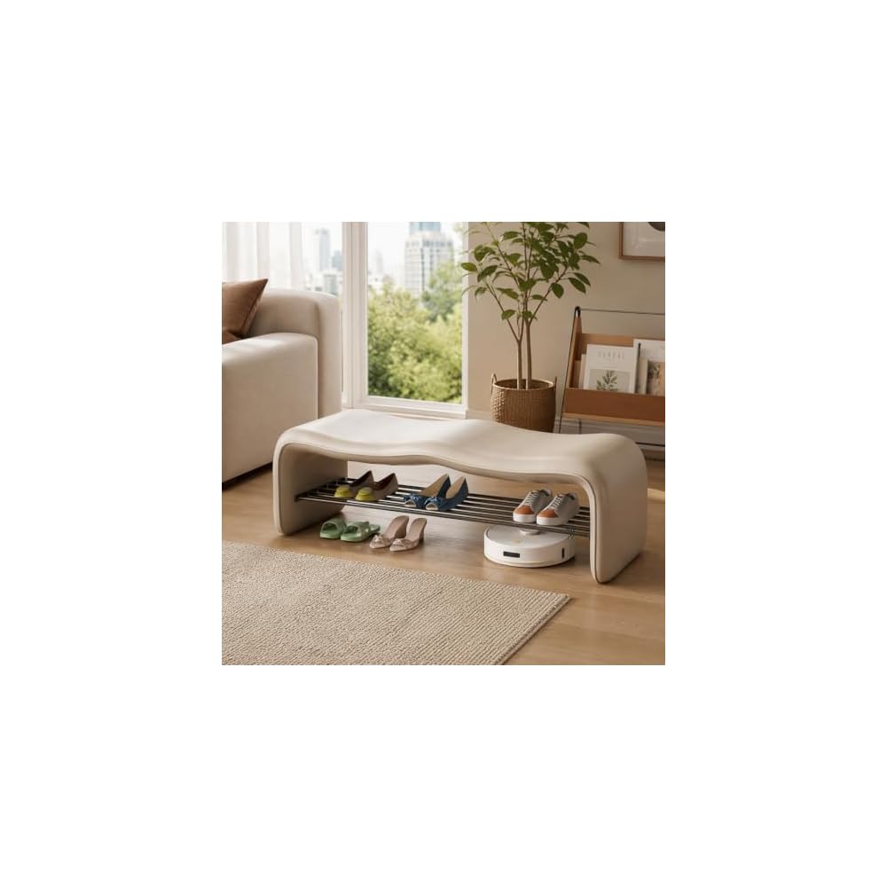 Curved Upholstered Entryway Bench,Faux Leather Padded Shoe Rack Hallway