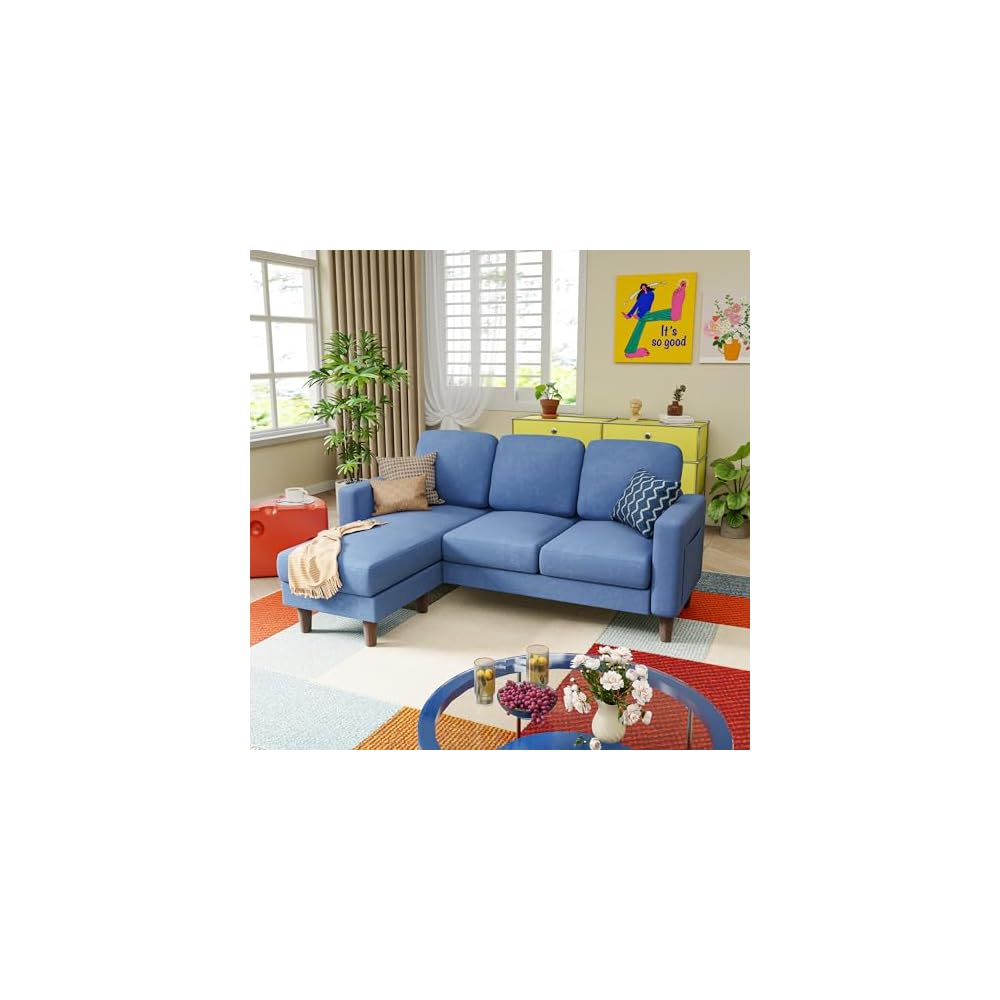 YESHOMY Couches for Living Room, Sofa with Movable Ottoman, Small Couch with Reversible Chaise and Side Pockets, L Shaped Couch for Small Space, Apartment (Linen Fabric, Blue)
