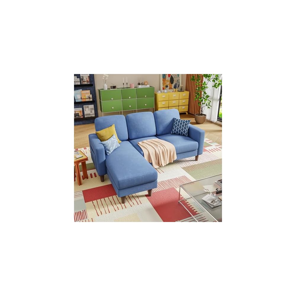YESHOMY Couches for Living Room, Sofa with Movable Ottoman, Small Couch with Reversible Chaise and Side Pockets, L Shaped Couch for Small Space, Apartment (Linen Fabric, Blue)
