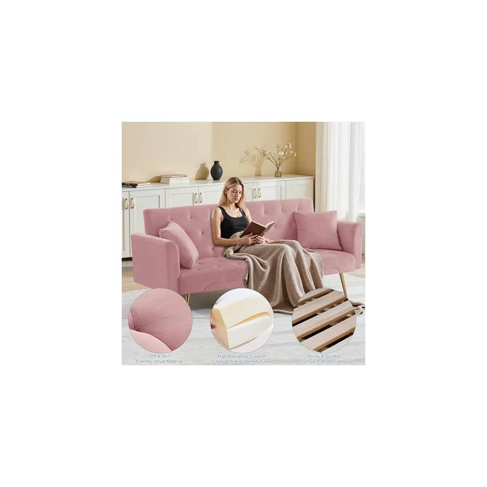 71.65'' Convertible Sofa Bed Modern Futon Set, Velvet Foldable Reclining Loveseat, Three Adjustment Angles,Mid Century Modern Couches for Living Room/Bedroom/Apartment, Easy Assembly,Pink