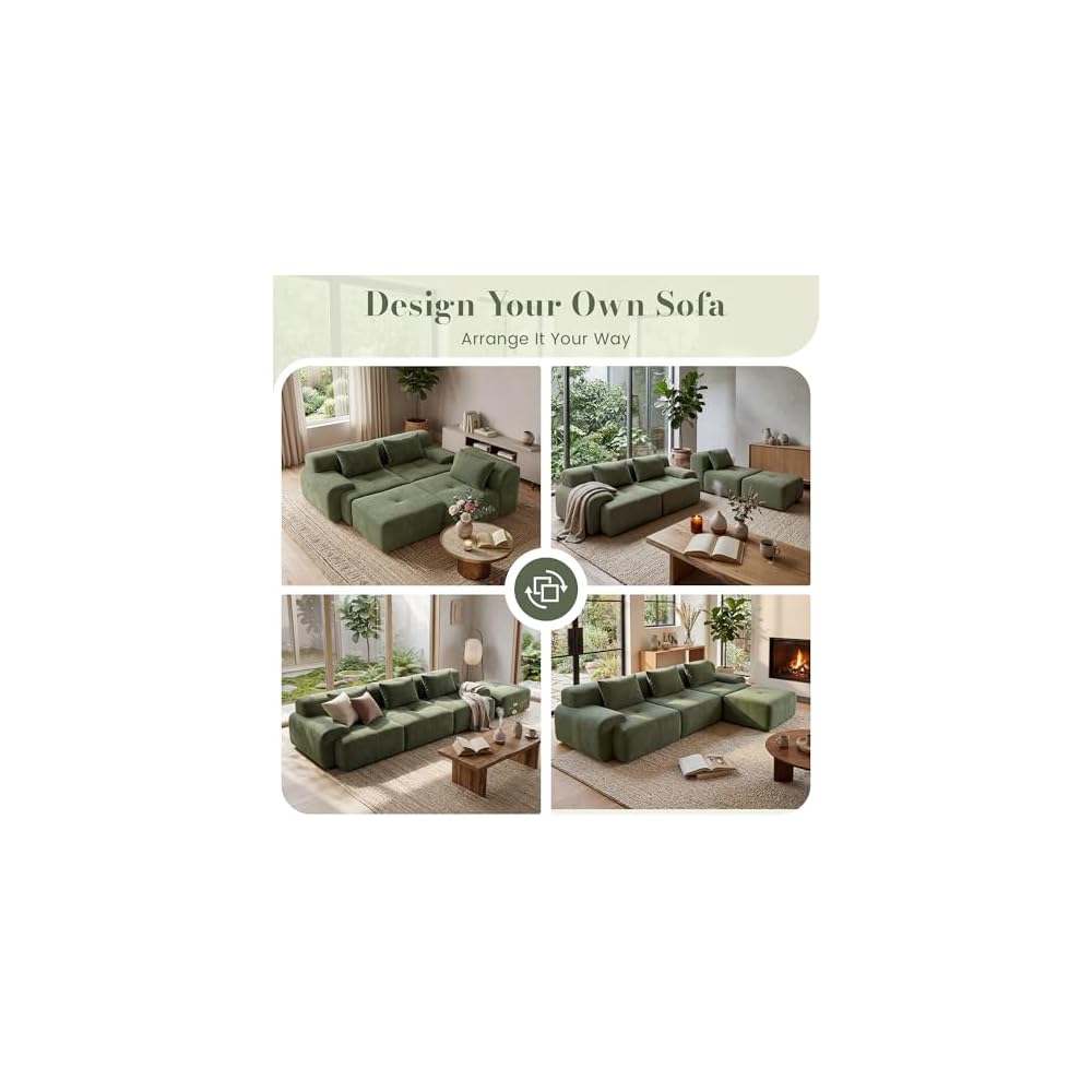 GRUSIGN 108'' Modular Sectional Boneless Couch, Tufted Cloud Sectional Couches for Living Room, L Shape Deep Seat Sofa with Ottoman & 3 Throw Pillows,Corduroy Oversized Couch,Green
