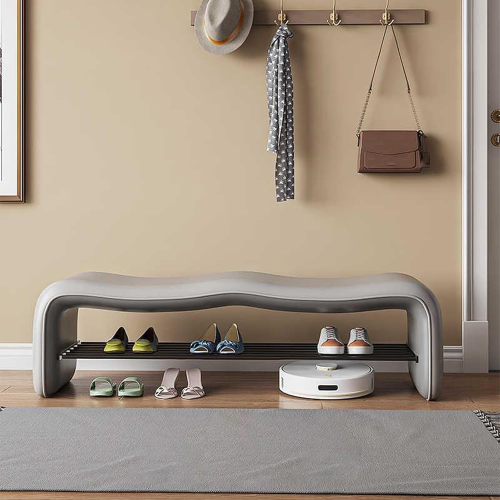 Curved Upholstered Entryway Bench,Faux Leather Padded Shoe Rack Hallway