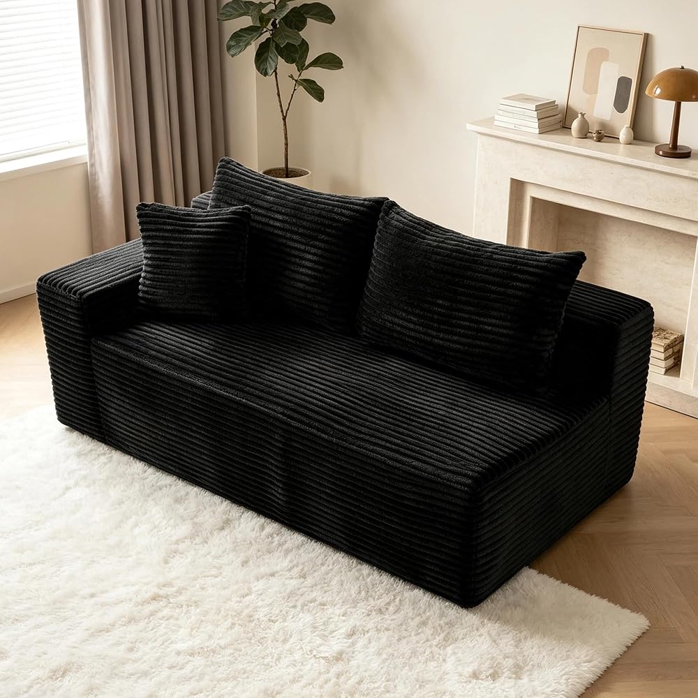 69" Black Left Facing Loveseat Sofa with a Throw Pillows and 2 Large Backrest Pillows,Upholstered Corduroy Sofa,Modern Boneless Couch for Living Room