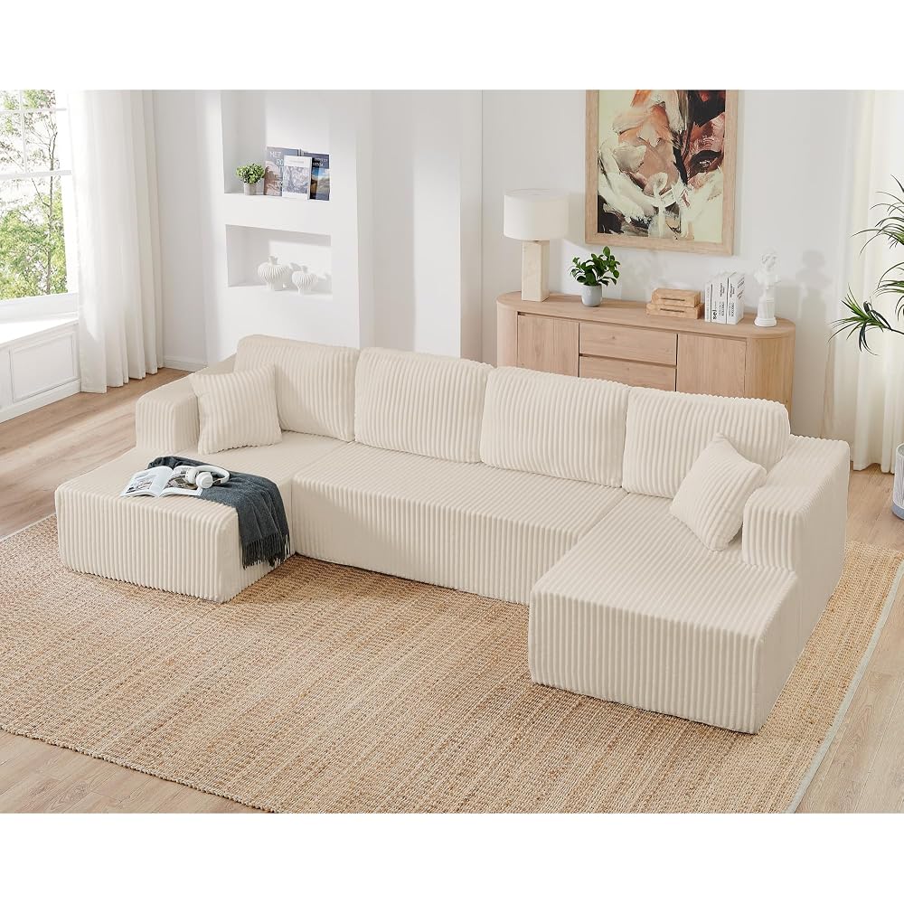 132" U Shape Modular Sectional Sofa, Oversized Plush Corduroy Couch with Extra Wide Seating, Modern Minimalist Compressed Couch, Sleeper Sofa for Living Room, Bedroom, Cream Beige