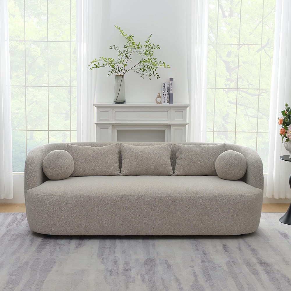 KINWELL 85" Boucle Upholstered Sofa Couch with 5 Toss Pillows, Taupe